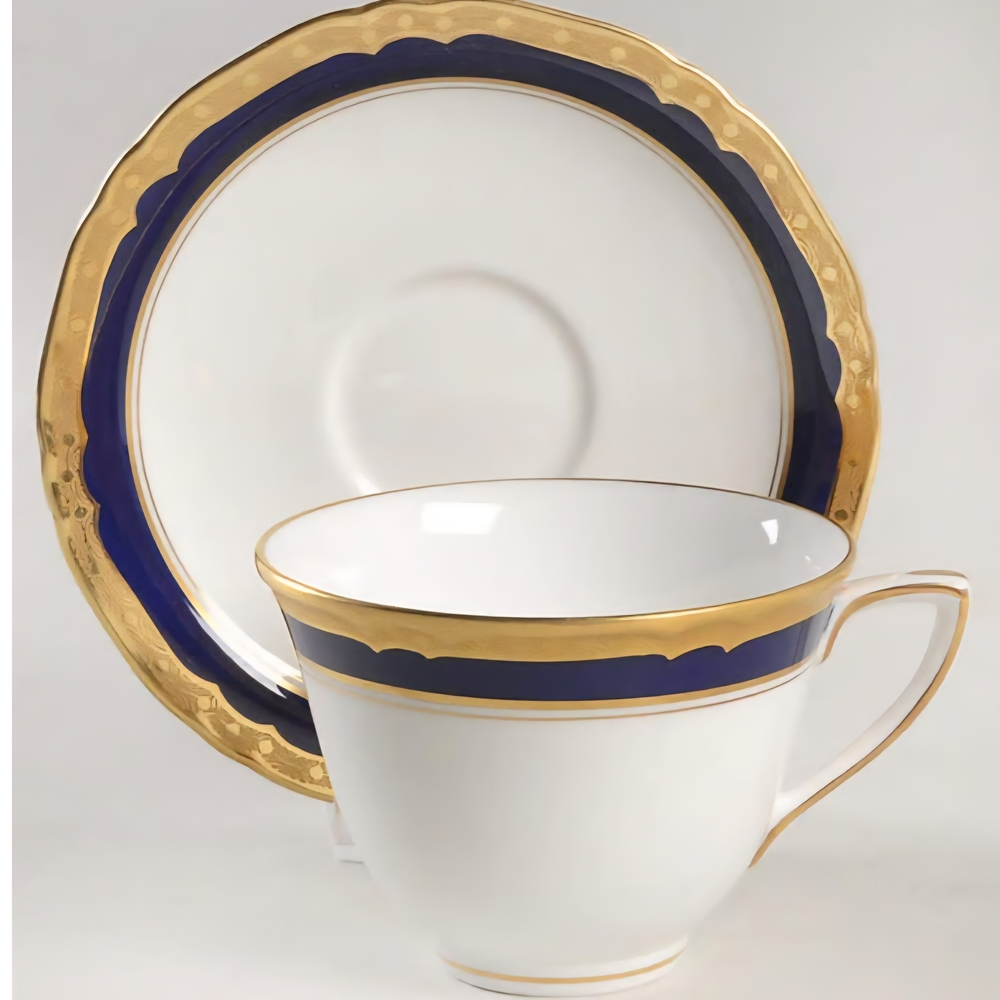 Royal Worcester Aston England White Blue Gold Fine Bone China Tea Cup Saucer Set